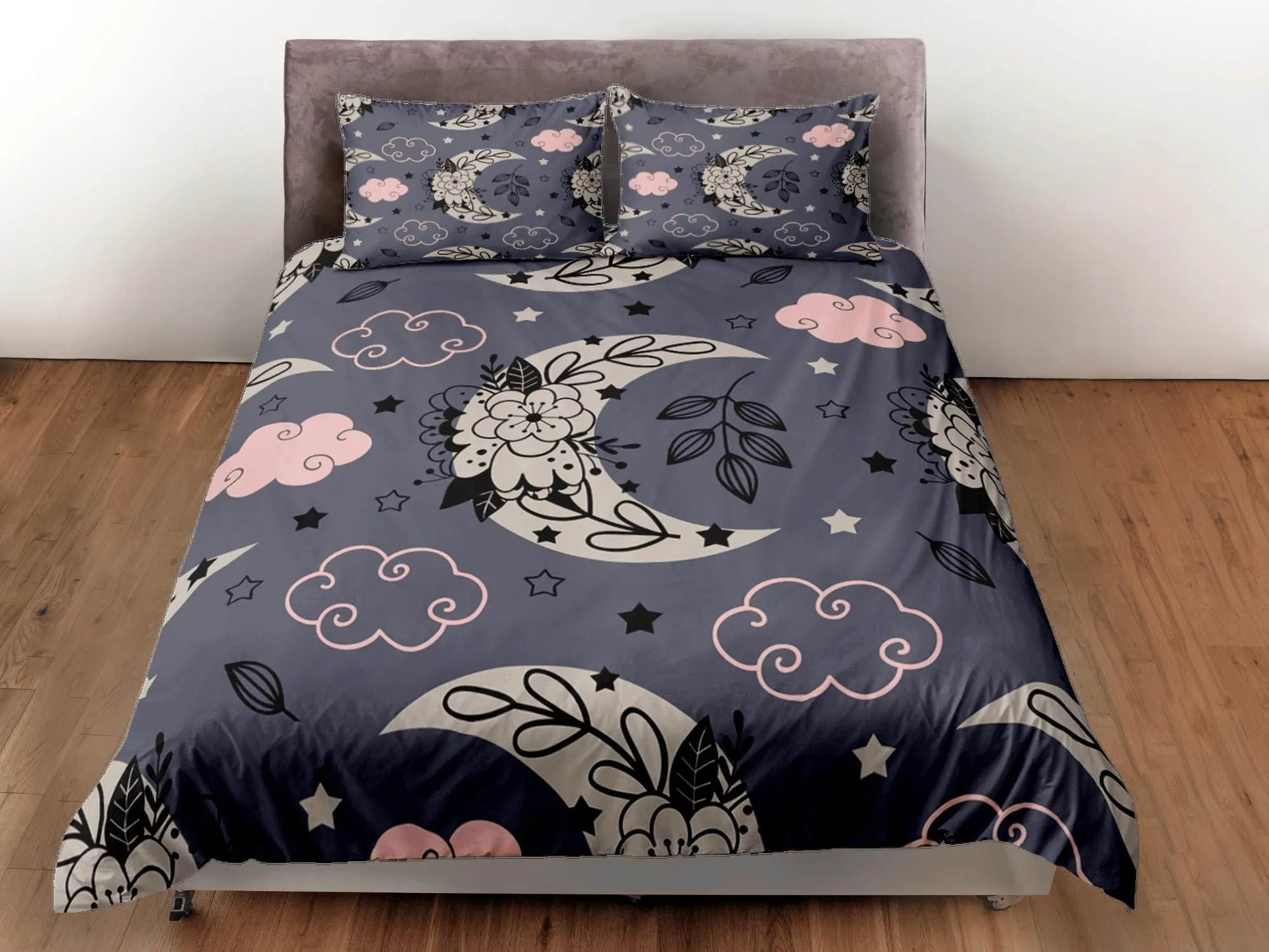 Celestial bedding purple grey, witchy decor dorm bedding, aesthetic duvet, boho bedding set full king queen, astrology gifts, gothic art