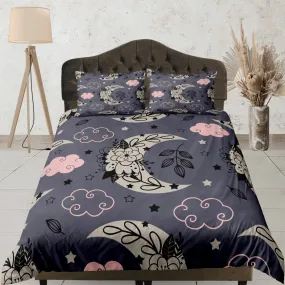 Celestial bedding purple grey, witchy decor dorm bedding, aesthetic duvet, boho bedding set full king queen, astrology gifts, gothic art