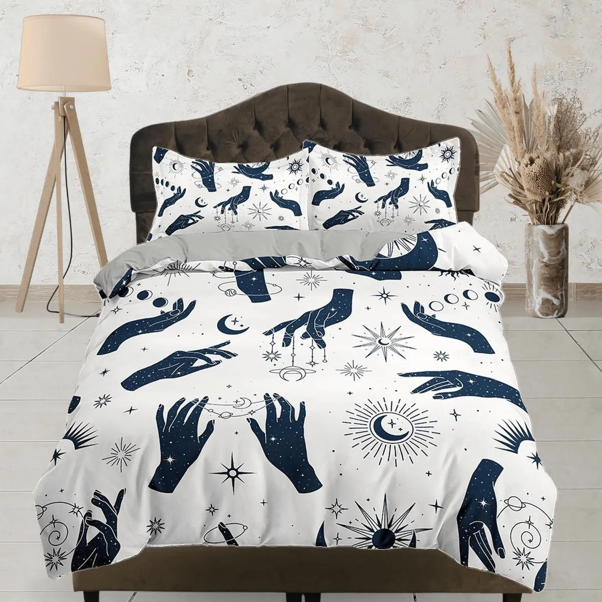 Celestial bedding woman hands sun stars witchy decor dorm bedding, aesthetic duvet, boho bedding set full king queen, astrology gothic decor