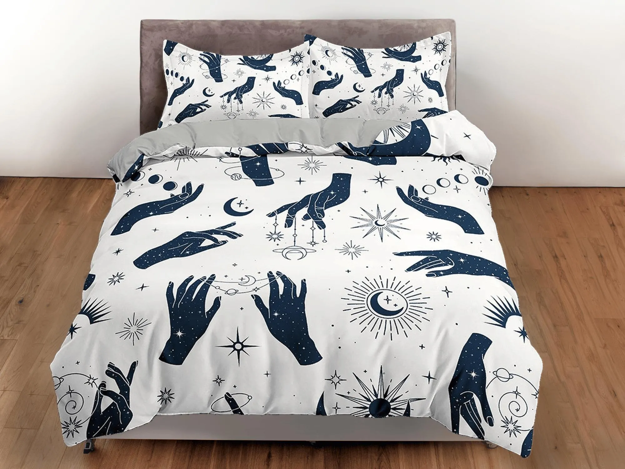 Celestial bedding woman hands sun stars witchy decor dorm bedding, aesthetic duvet, boho bedding set full king queen, astrology gothic decor