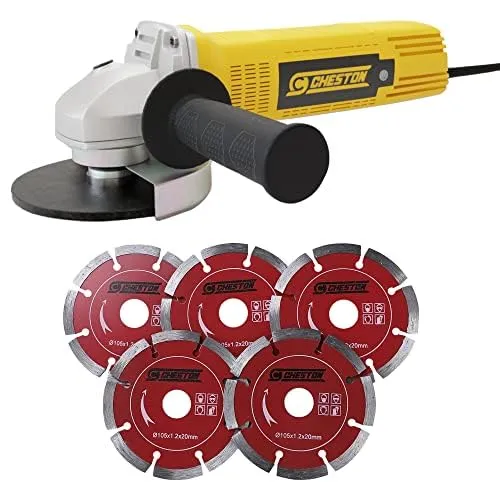 Cheston Angle Grinder for Grinding, Cutting, Polishing (4 inch-100mm), 720W Yellow Grinder Machine with Auxiliary Handle   5 CUTTING BLADE   Cheston 5 Meter Extension 2 Pin Cord Capacity Upto 1000W