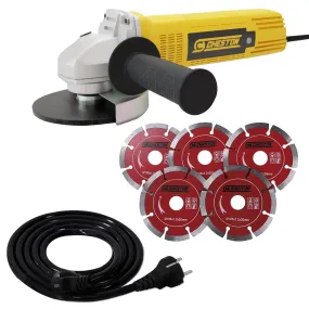 Cheston Angle Grinder for Grinding, Cutting, Polishing (4 inch-100mm), 720W Yellow Grinder Machine with Auxiliary Handle   5 CUTTING BLADE   Cheston 5 Meter Extension 2 Pin Cord Capacity Upto 1000W