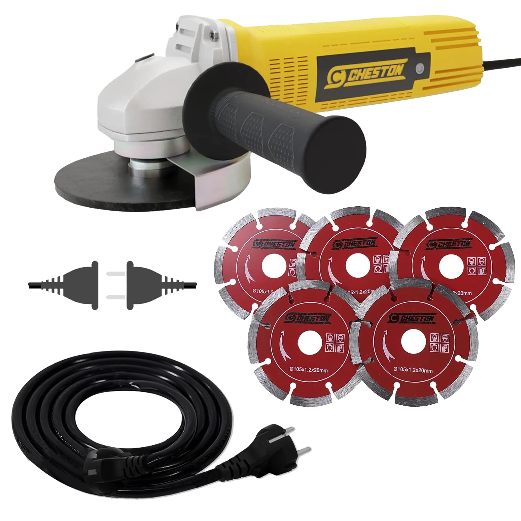 Cheston Angle Grinder for Grinding, Cutting, Polishing (4 inch-100mm), 720W Yellow Grinder Machine with Auxiliary Handle   5 CUTTING BLADE   Cheston 5 Meter Extension 2 Pin Cord Capacity Upto 1000W