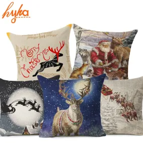 Christmas Deer Cushion Cover Cotton Linen Xmas Deer Santa Claus Pillows Cover