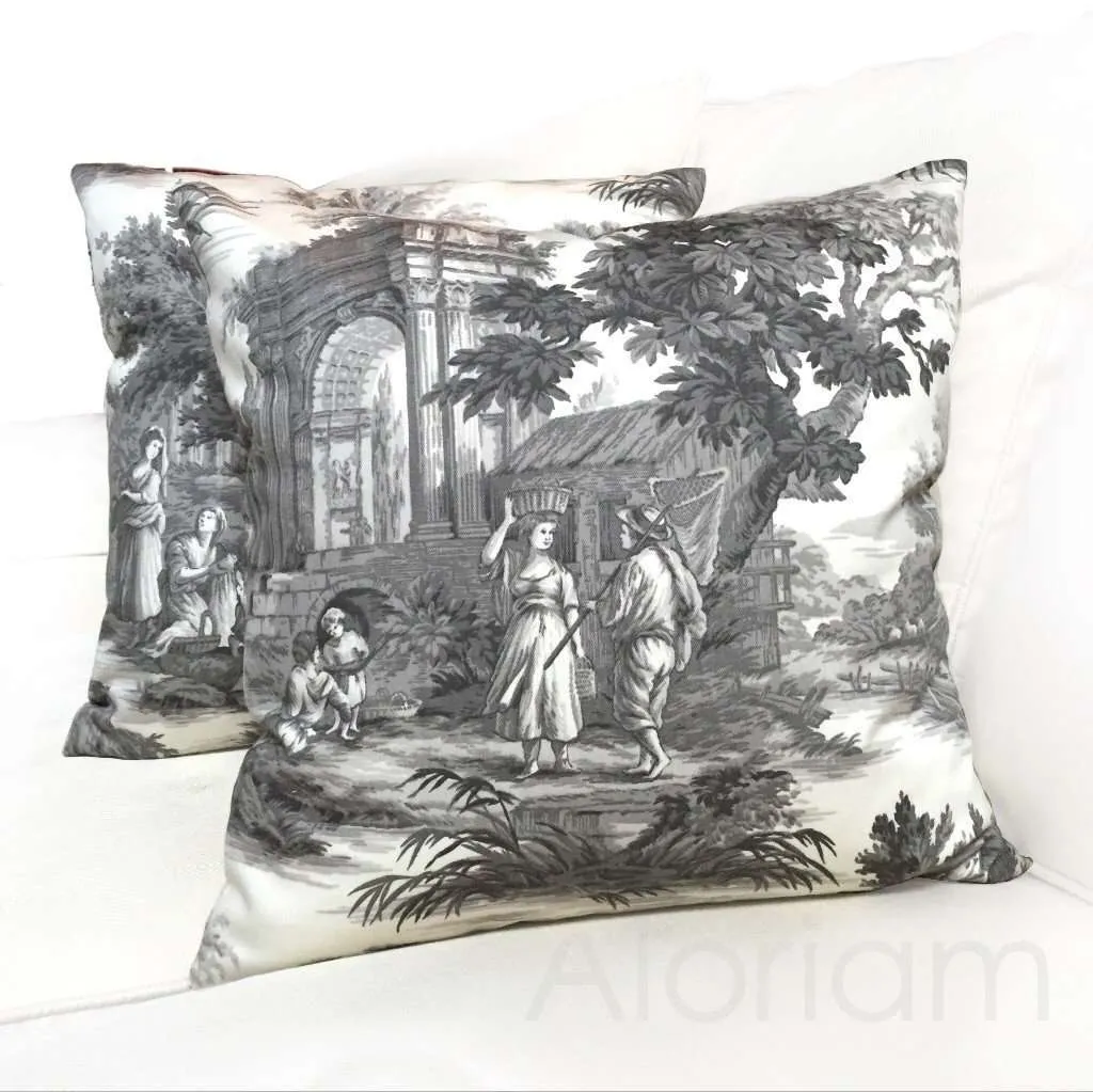 (CLEARANCE) Classical Greek Grand Toile Gray White Pillow Cover