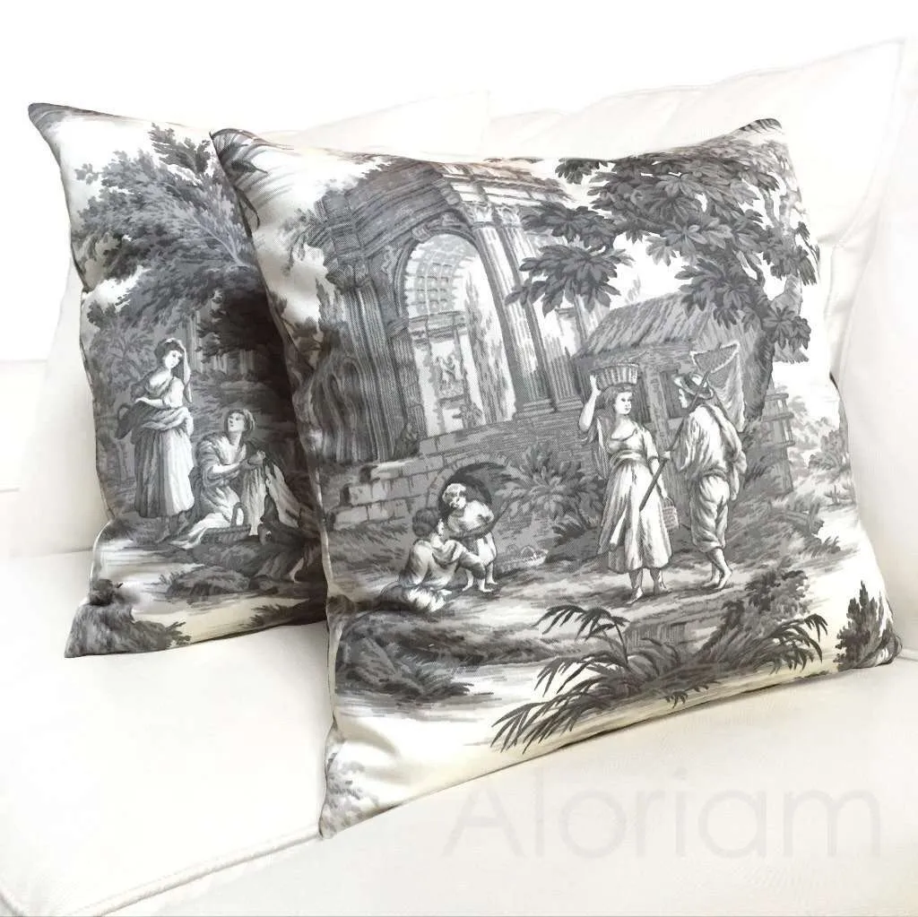 (CLEARANCE) Classical Greek Grand Toile Gray White Pillow Cover