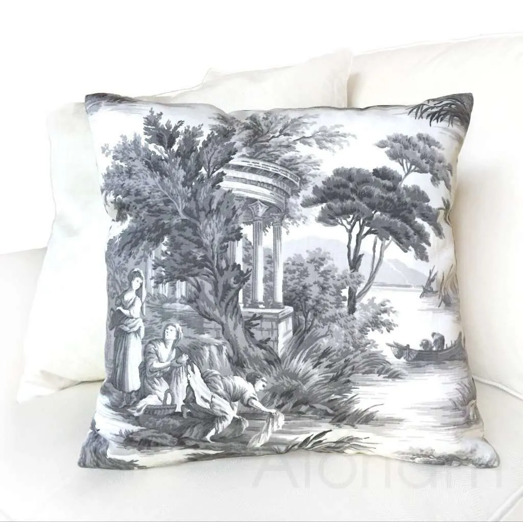 (CLEARANCE) Classical Greek Grand Toile Gray White Pillow Cover