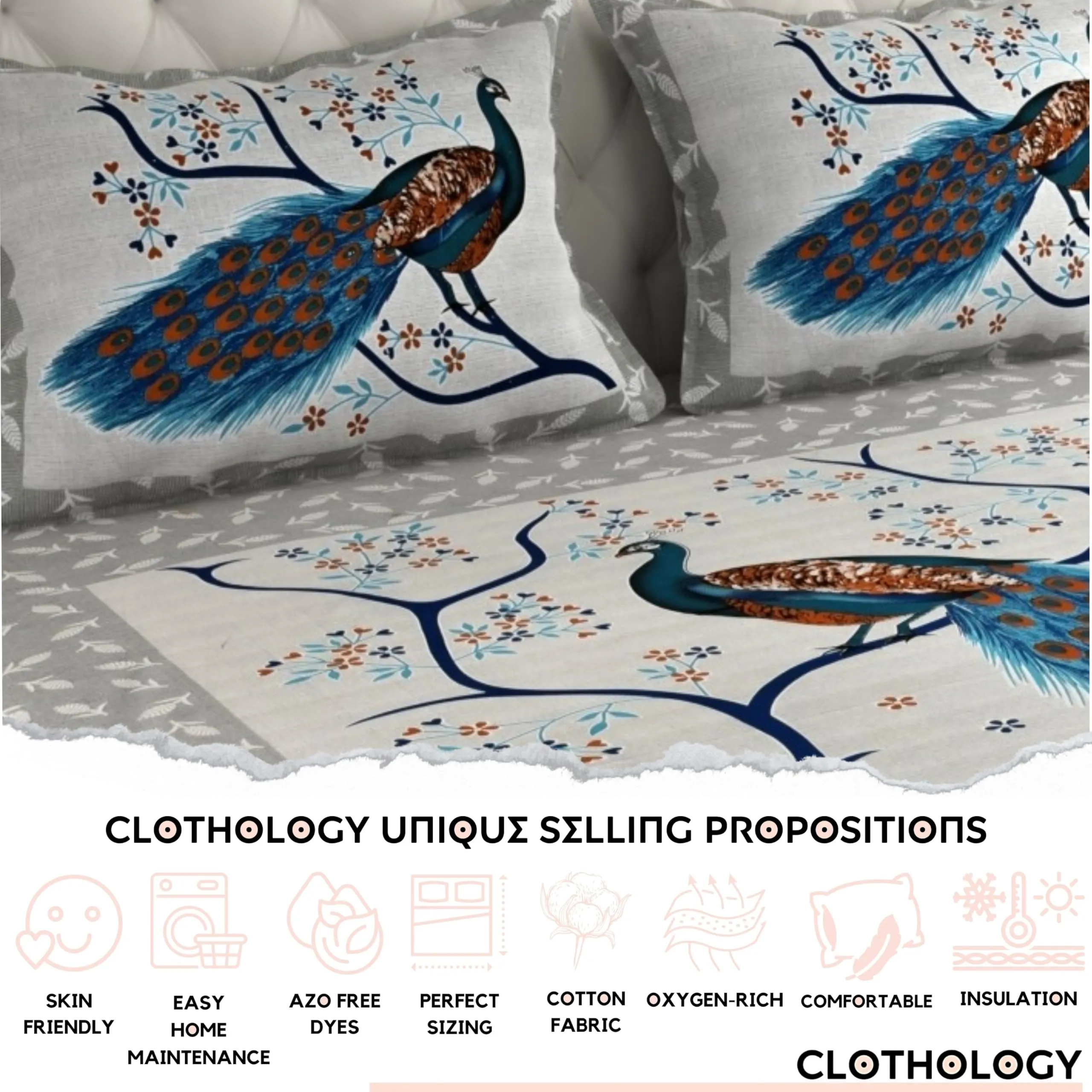 CLOTHOLOGY 144 TC 100% Cotton Double Bed Size/Queen Size Bed Printed Flat Bedsheet with 2 Pillow Covers, (Pack of 1), Popularly Known as (90x100) Bed Sheet Double Bed Cotton