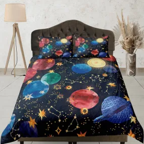 Colorful planets galaxy bedding, 3D outer space bedding set full, cosmic duvet cover king, queen, dorm bedding, toddler bedding aesthetic