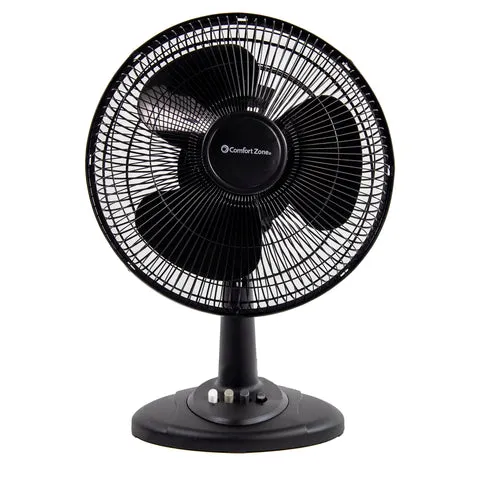 Comfort Zone 12" 3-Speed Oscillating Table Fan With Adjustable Tilt In Black