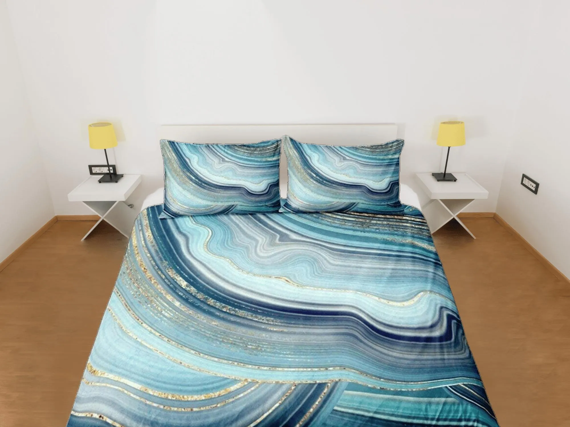 Contemporary bedroom set sapphire blue aesthetic duvet cover, luxury gold marble abstract art room decor boho chic bedding set full