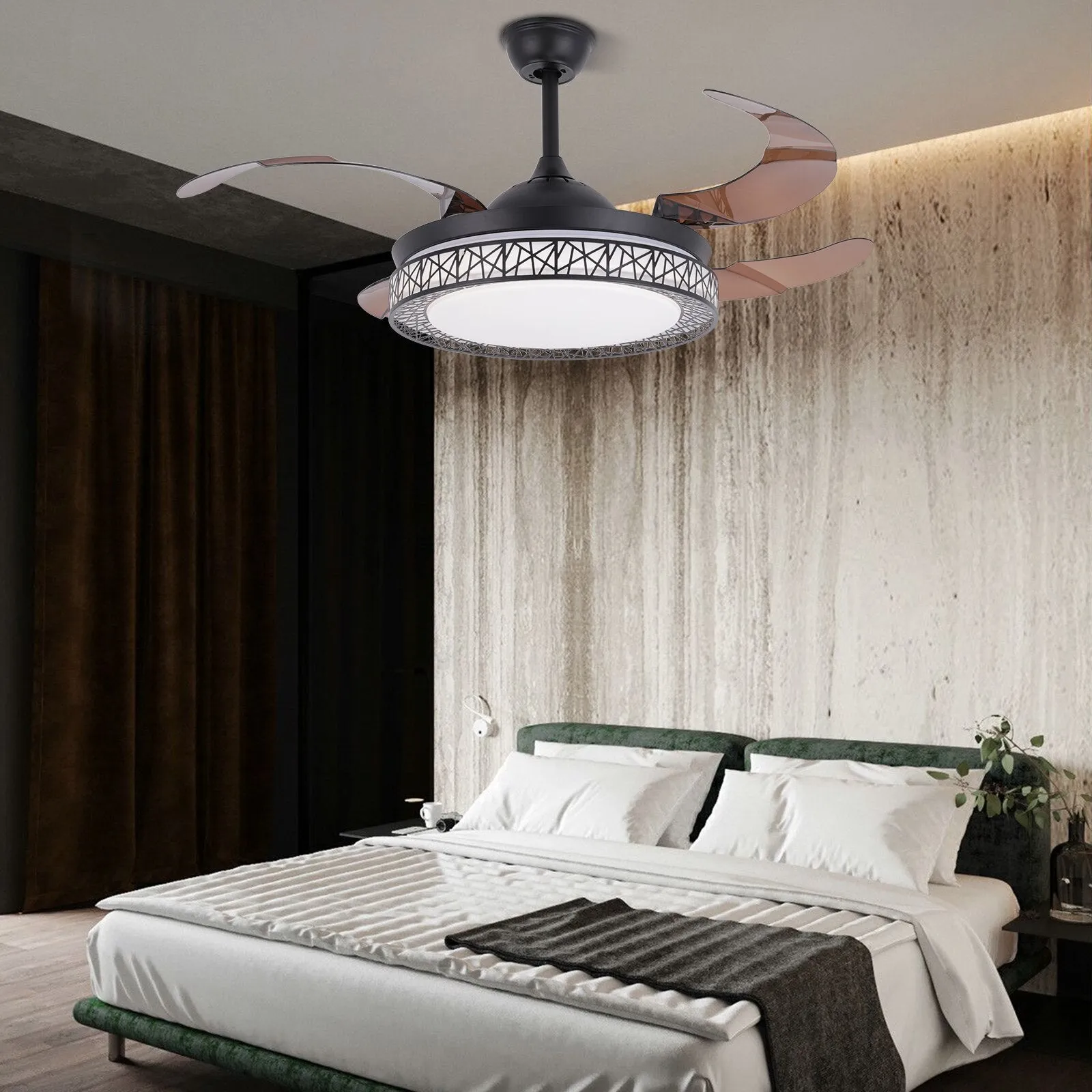 Contemporary Retractable Ceiling Fans with LED Light - A Multi-functional Chandelier Fan with 3 Color Modes, 3 Speed Settings, and 4 Invisible Blades