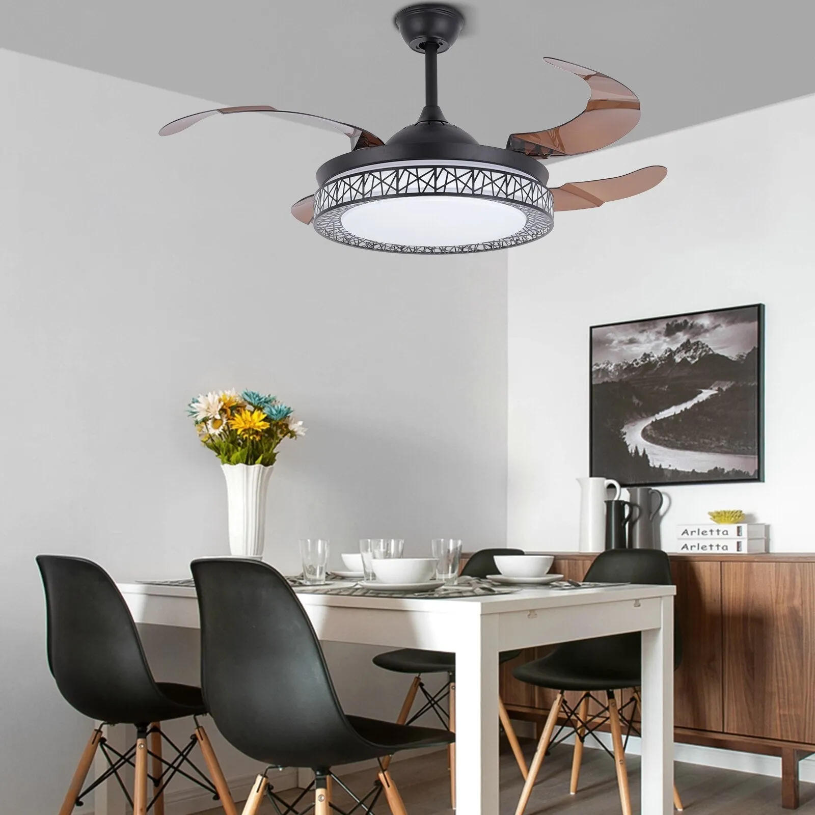 Contemporary Retractable Ceiling Fans with LED Light - A Multi-functional Chandelier Fan with 3 Color Modes, 3 Speed Settings, and 4 Invisible Blades