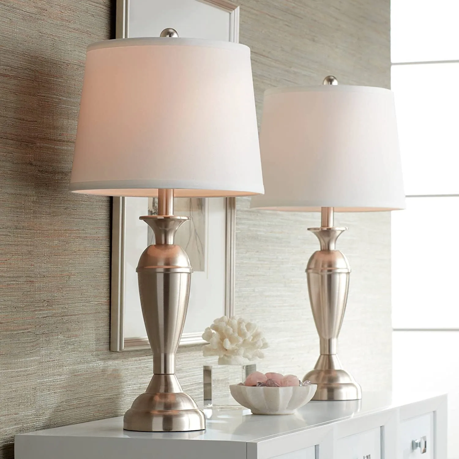 Contemporary Table Lamps 25" High Set of 2 Brushed Nickel Metal