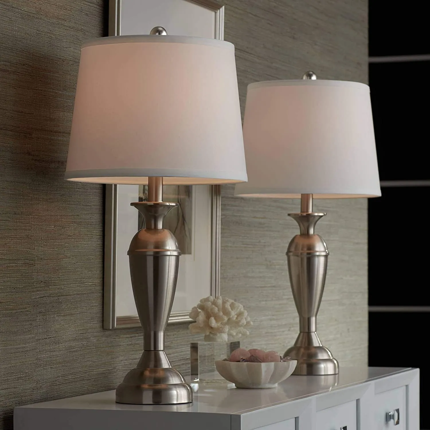 Contemporary Table Lamps 25" High Set of 2 Brushed Nickel Metal