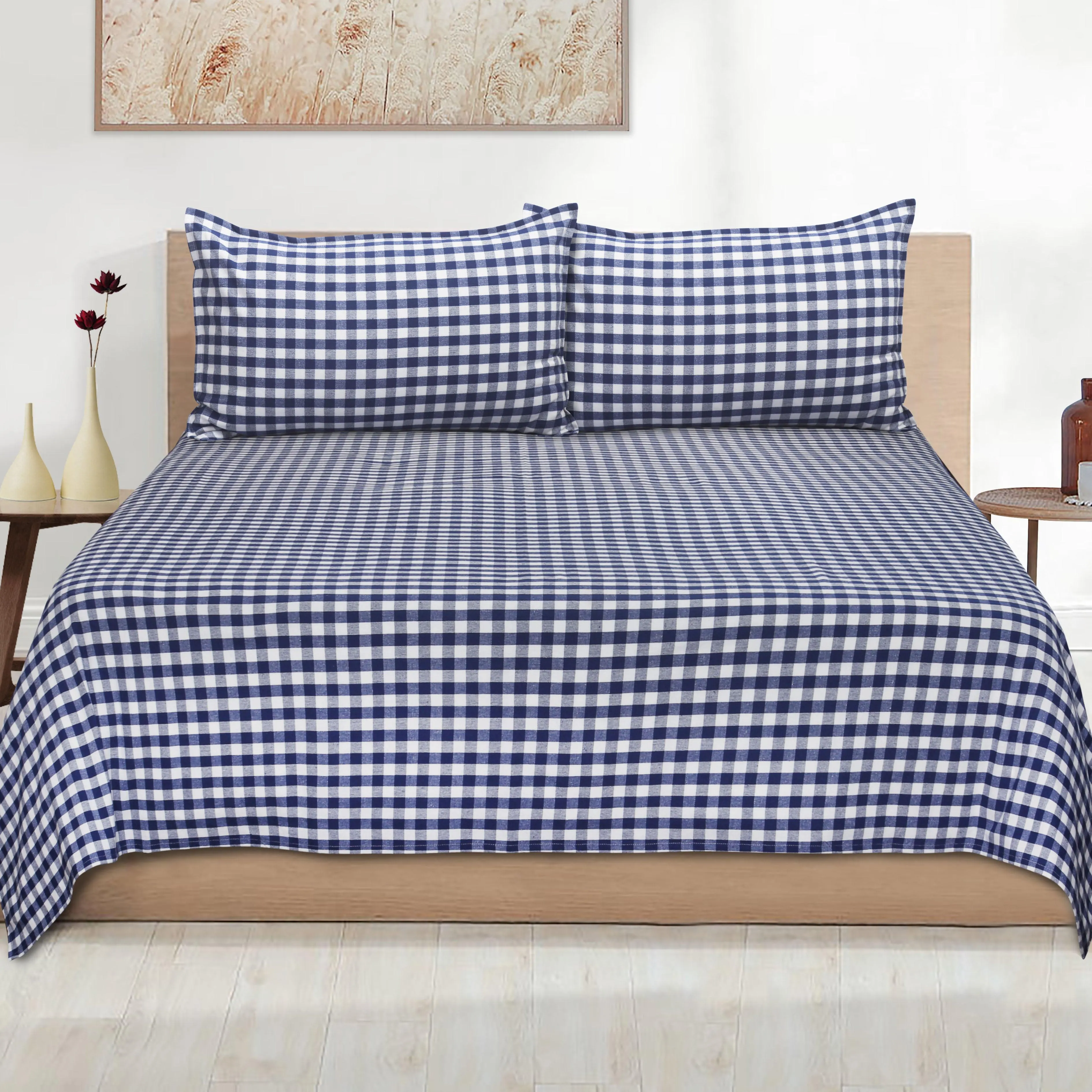 Cotton Checkered Bedsheet with Pillow Covers (Blue) - available sizes, Single, Double/Queen, King and Super King