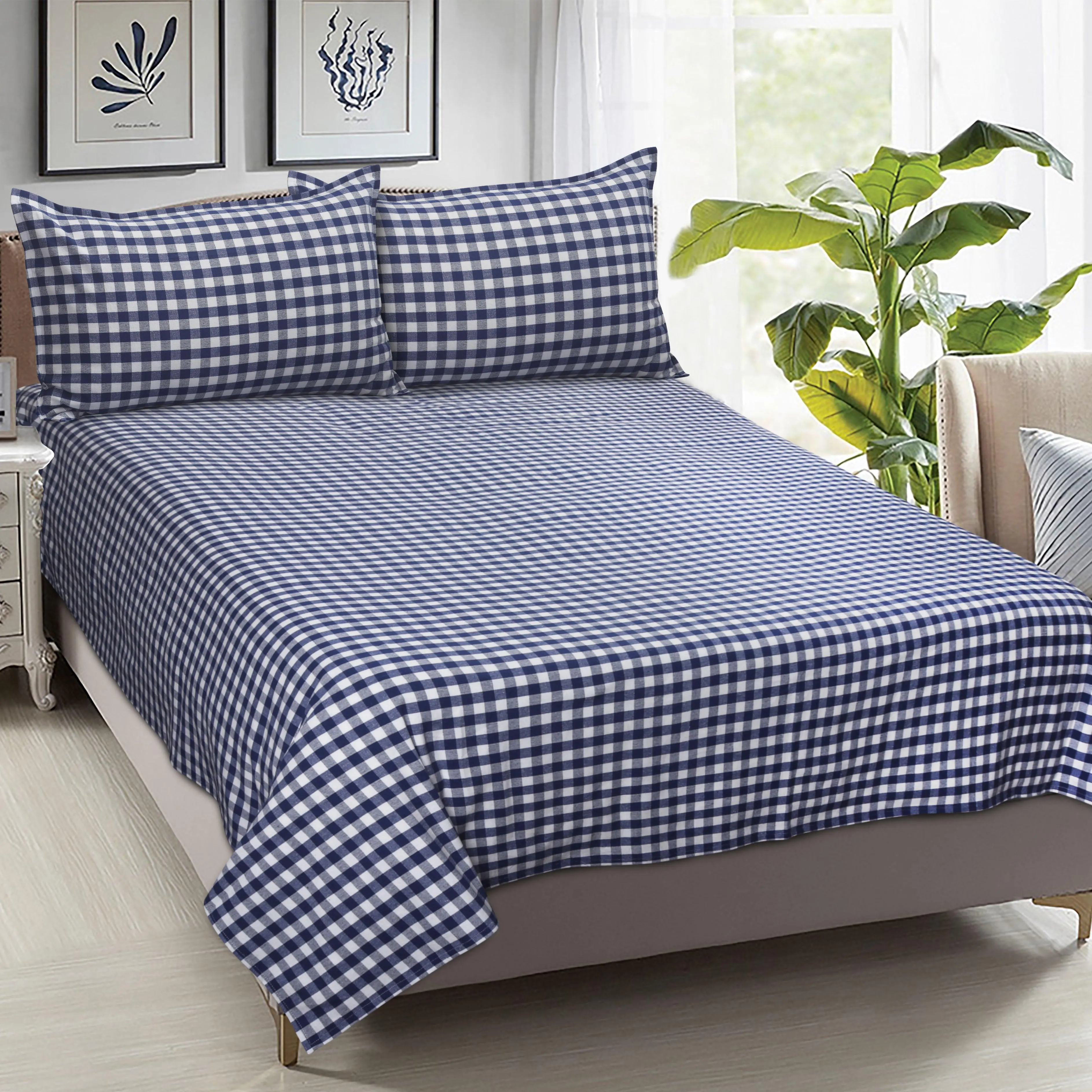 Cotton Checkered Bedsheet with Pillow Covers (Blue) - available sizes, Single, Double/Queen, King and Super King