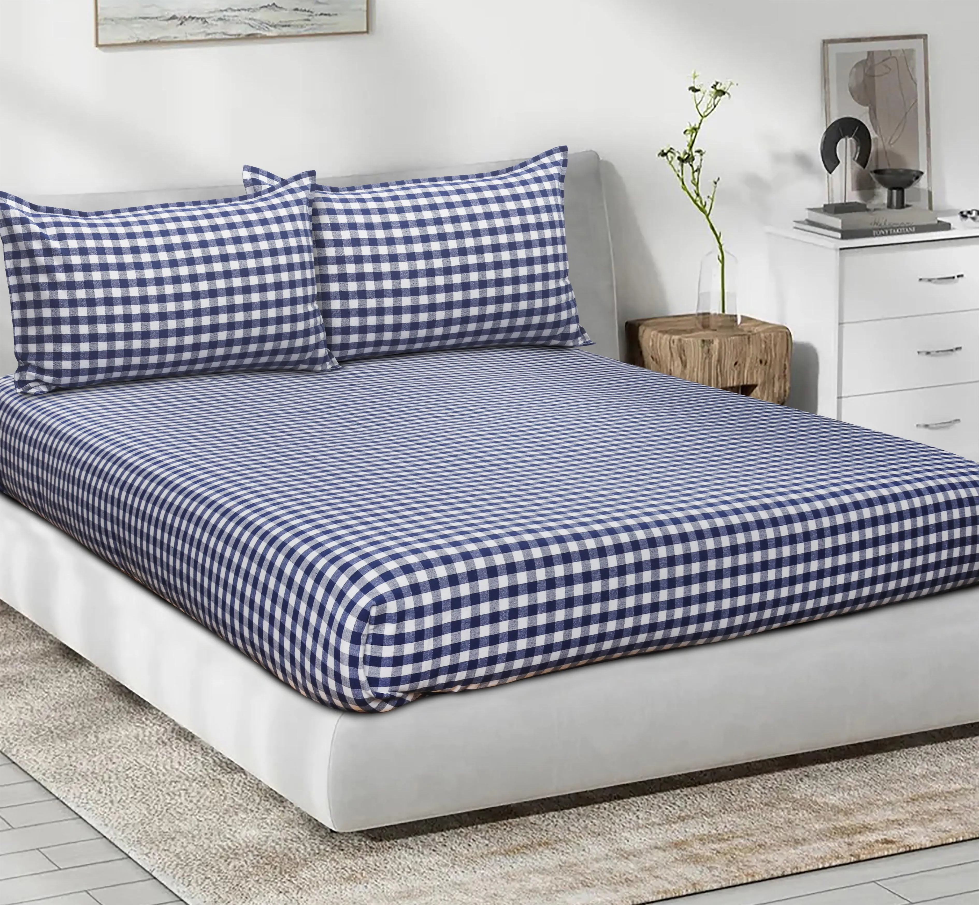 Cotton Checkered Bedsheet with Pillow Covers (Blue) - available sizes, Single, Double/Queen, King and Super King