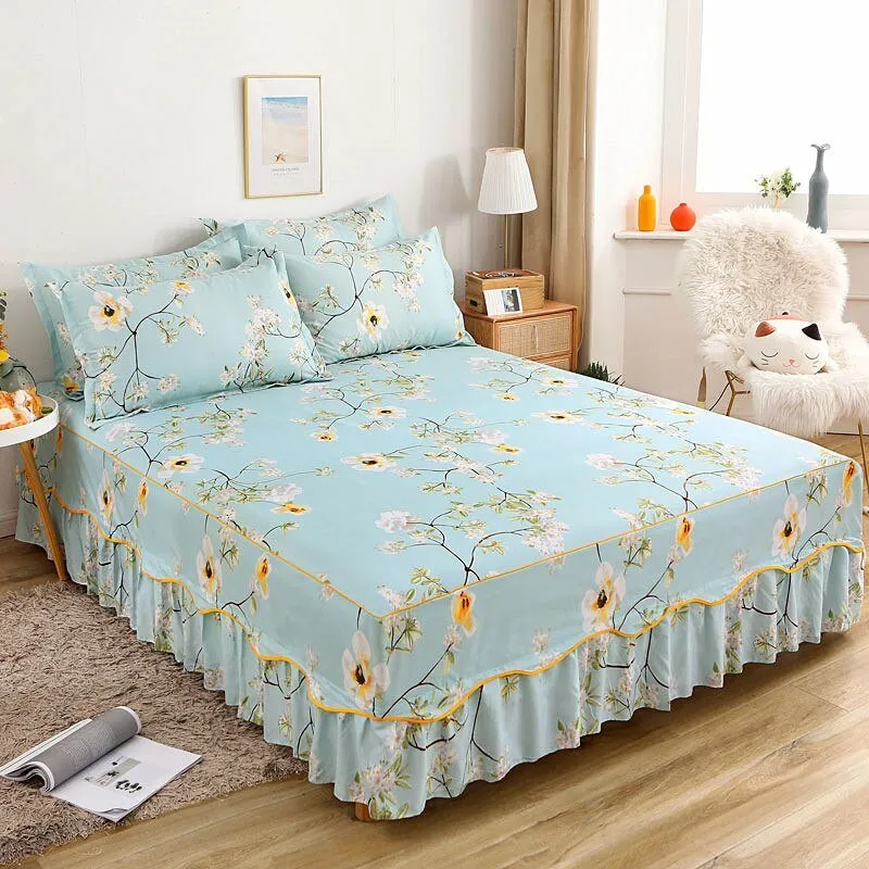 Cotton Lace Bed Sheet Set with Elastic Fitted Skirt