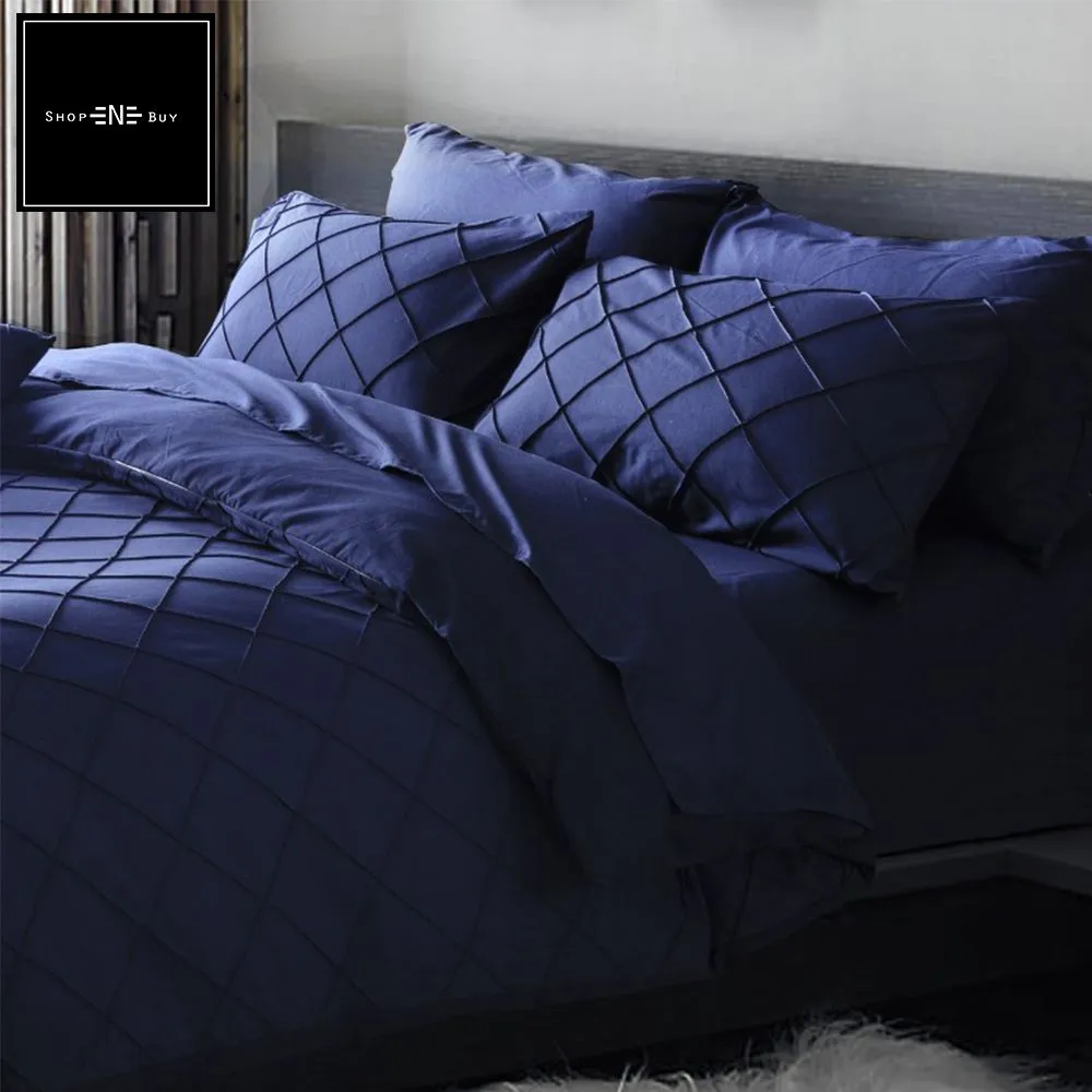 Cross Pleated Duvet Set Navy Blue