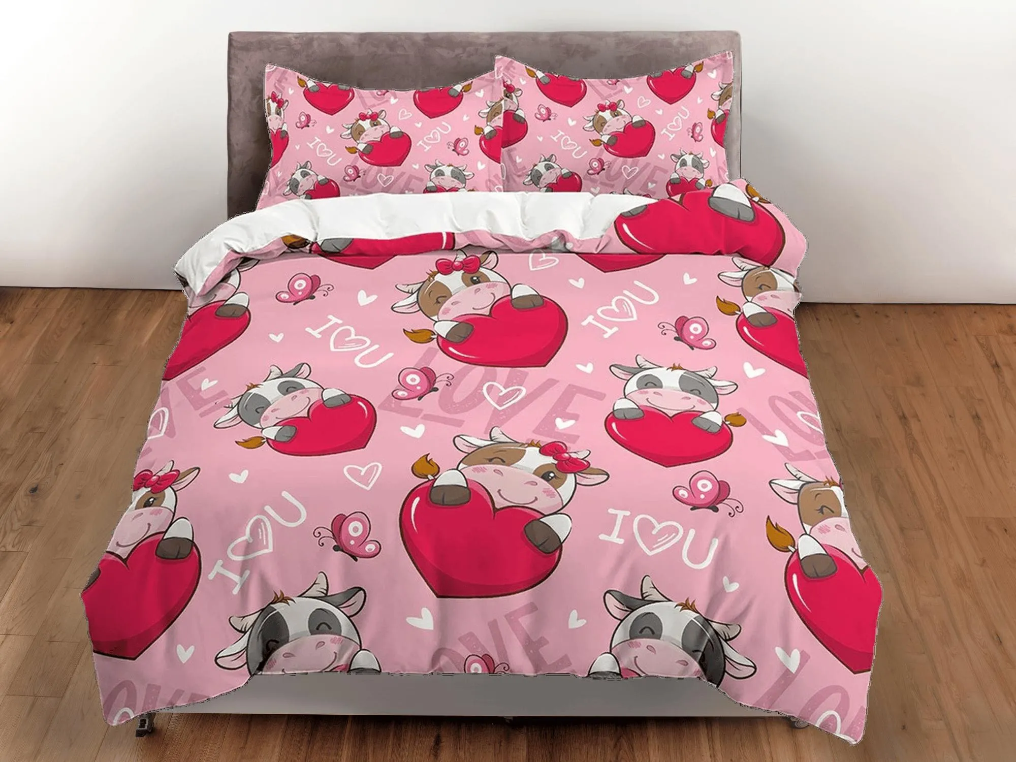 Cute Cow with Heart, Pink Girl Toddler Bedding, Unique Duvet Cover Nursery Kids, Crib Bedding, Baby Zipper Bedding, King Queen Full Twin