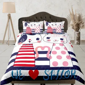 Cute sailor couple cat bedding, toddler bedding, kids duvet cover set, gift for cat lovers, baby bedding, baby shower gift, young couple