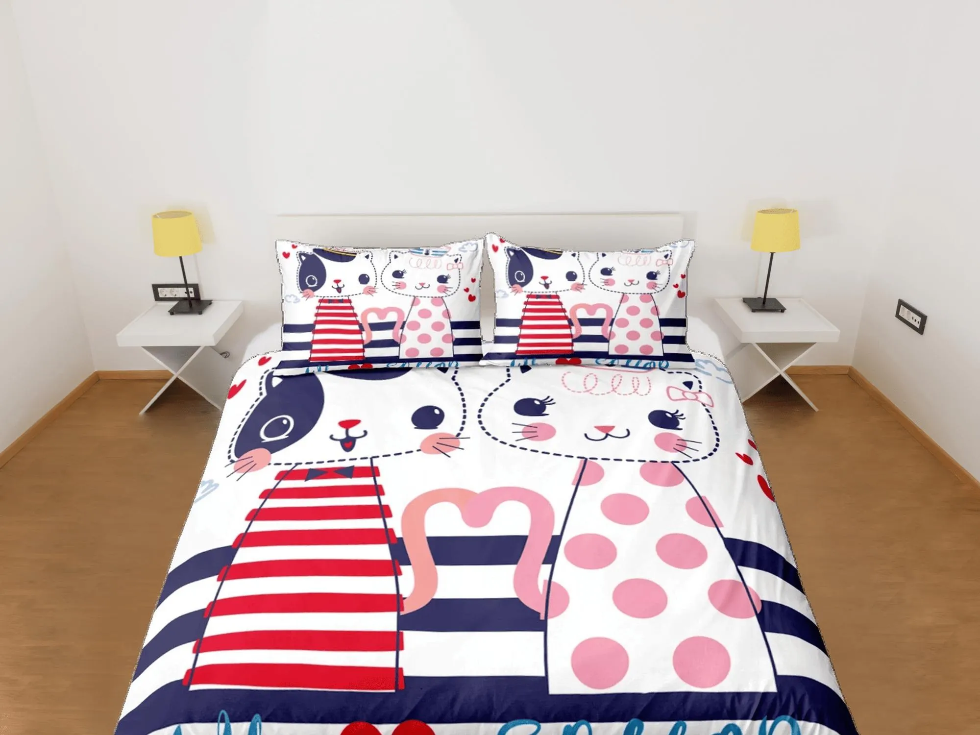 Cute sailor couple cat bedding, toddler bedding, kids duvet cover set, gift for cat lovers, baby bedding, baby shower gift, young couple