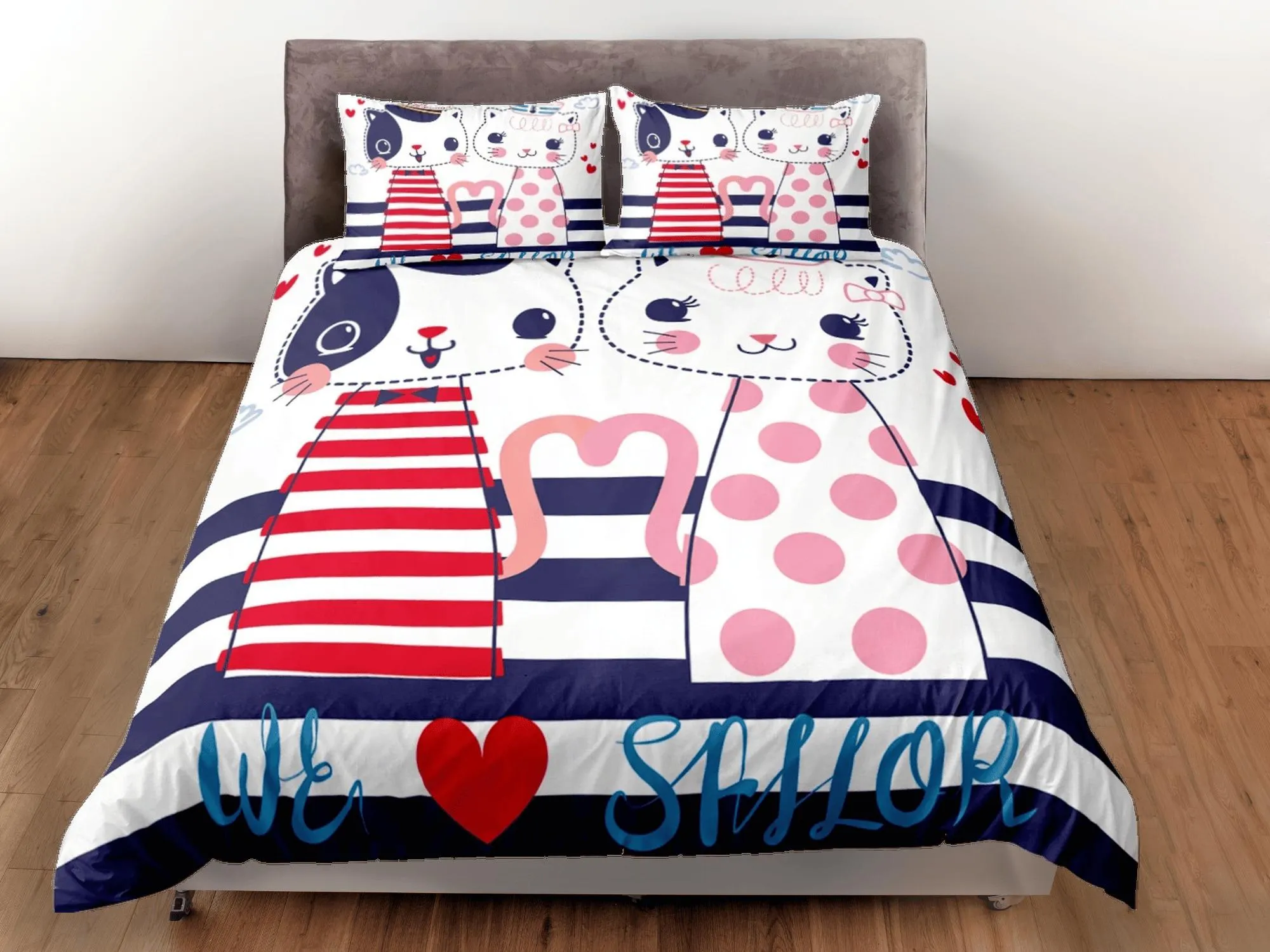 Cute sailor couple cat bedding, toddler bedding, kids duvet cover set, gift for cat lovers, baby bedding, baby shower gift, young couple