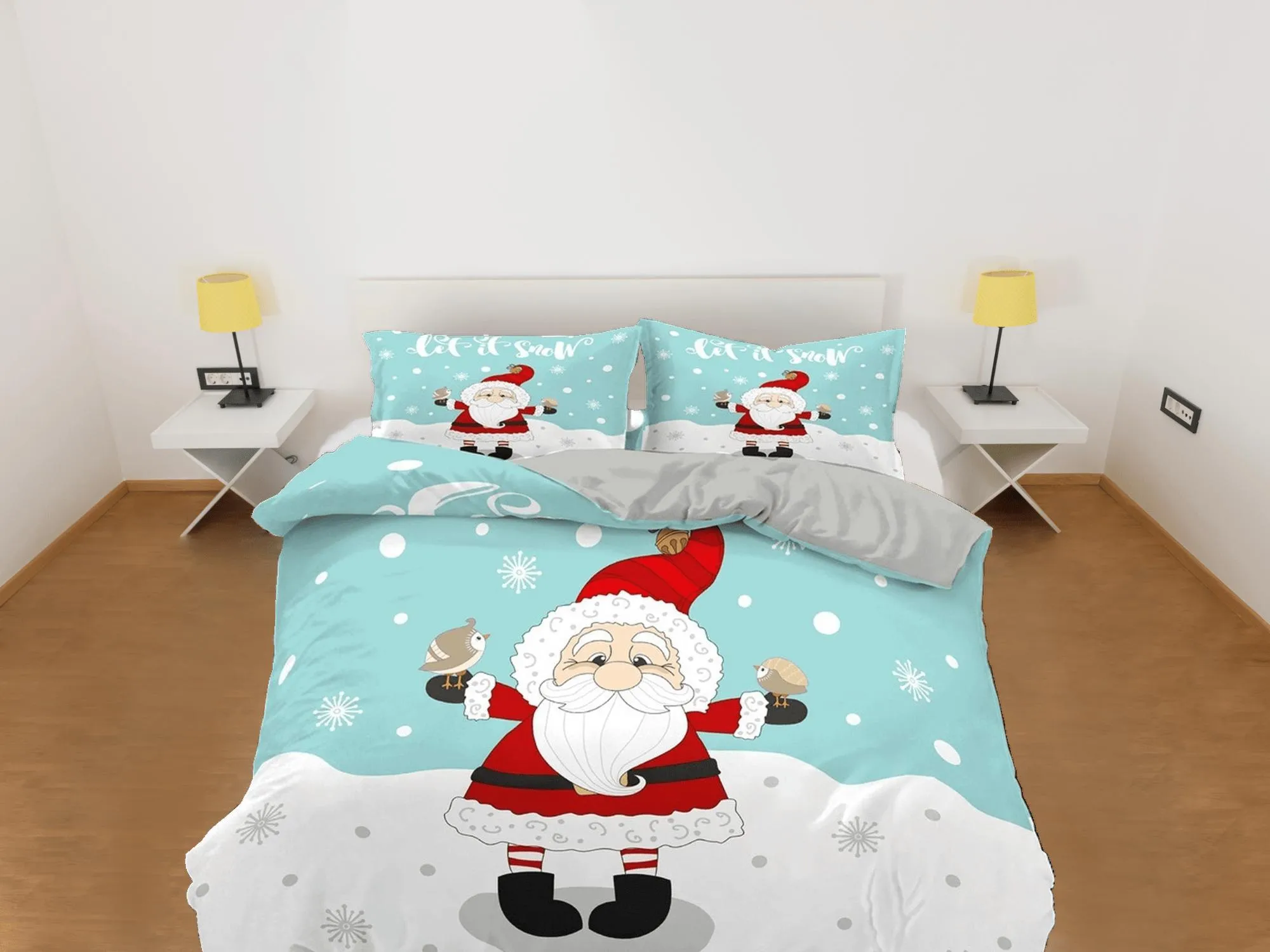 Cute Santa Claus in snow Christmas bedding & pillowcase holiday gift duvet cover king queen full toddler bedding baby Christmas farmhouse