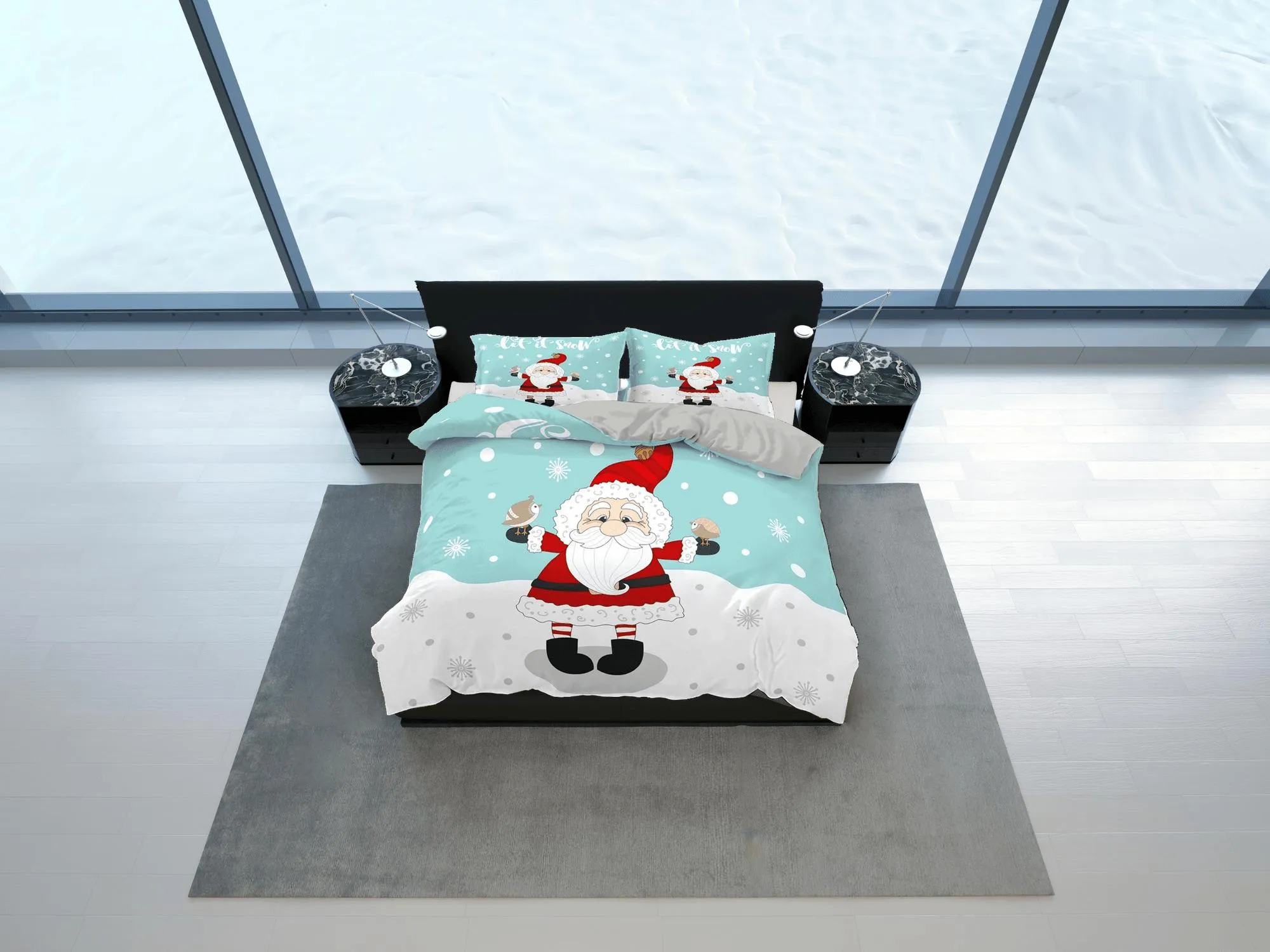 Cute Santa Claus in snow Christmas bedding & pillowcase holiday gift duvet cover king queen full toddler bedding baby Christmas farmhouse