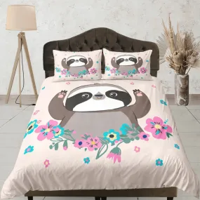 Cute Sloth Girly Duvet Cover Set Colorful Bedspread, Kids Full Bedding Set with Pillowcase, Comforter Cover Twin