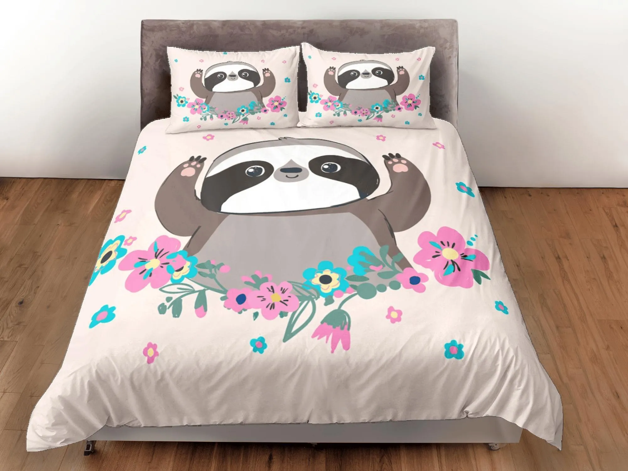 Cute Sloth Girly Duvet Cover Set Colorful Bedspread, Kids Full Bedding Set with Pillowcase, Comforter Cover Twin