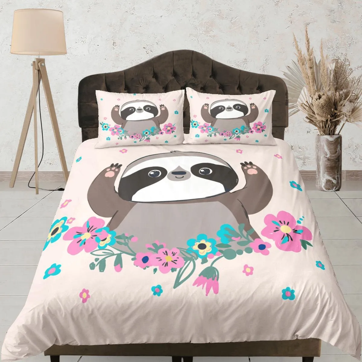 Cute Sloth Girly Duvet Cover Set Colorful Bedspread, Kids Full Bedding Set with Pillowcase, Comforter Cover Twin