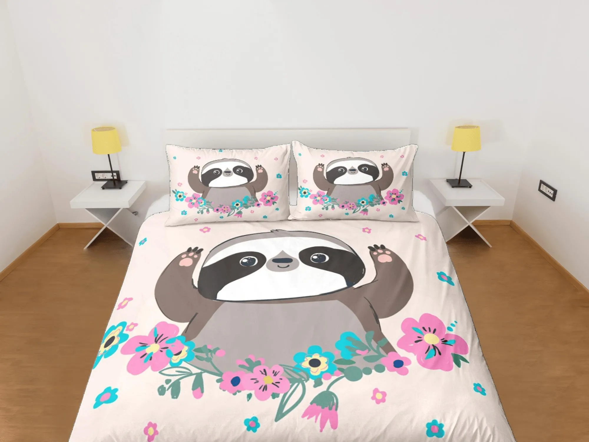 Cute Sloth Girly Duvet Cover Set Colorful Bedspread, Kids Full Bedding Set with Pillowcase, Comforter Cover Twin