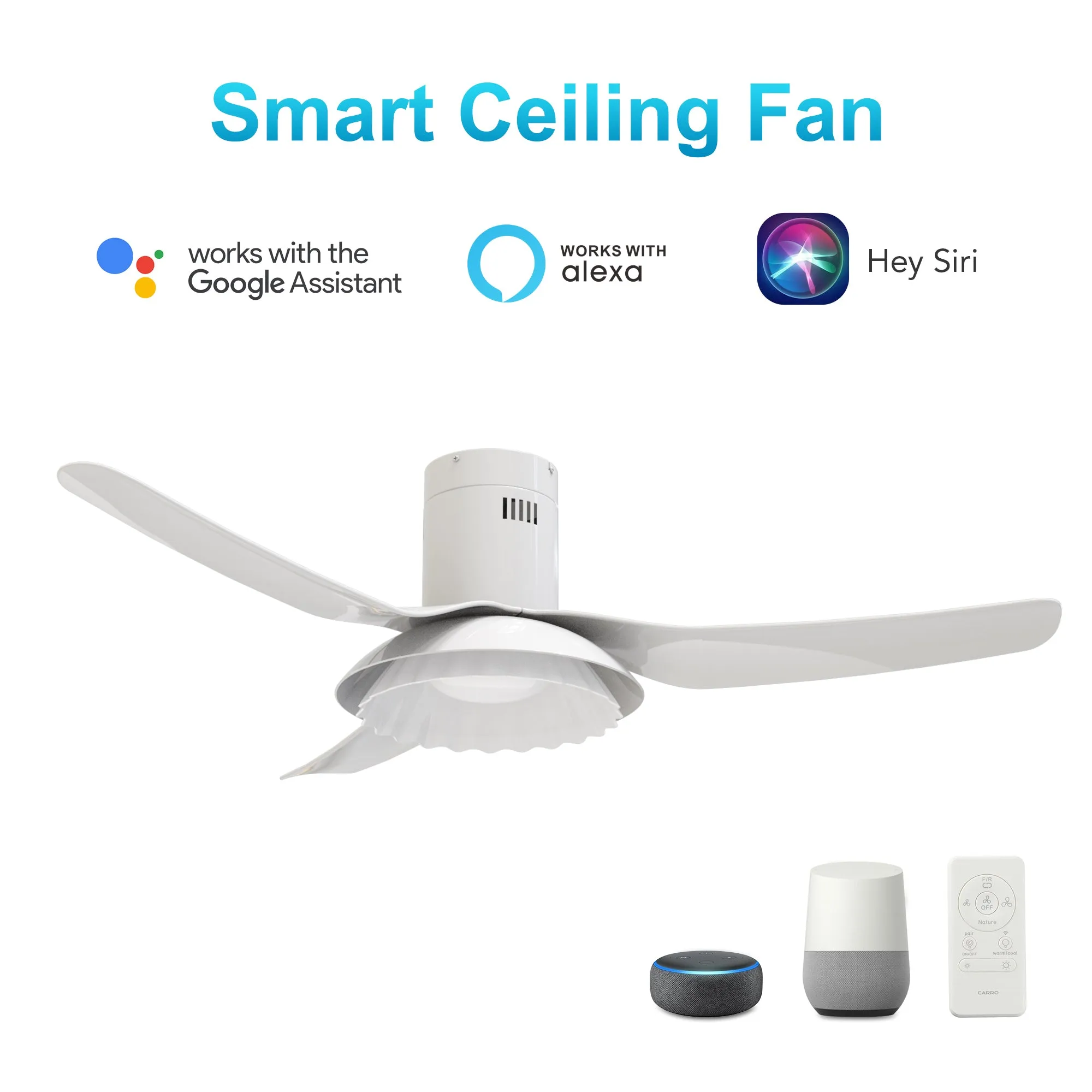 DAFFODIL 52 inch 3-Blade Flush Mount Smart Ceiling Fan with LED Light Kit and Remote - White/White