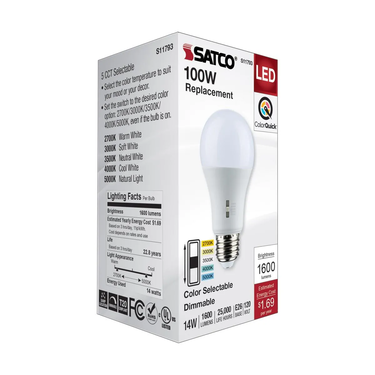 Dimmable A19 LED Bulb, 14 Watts, 1600 Lumens, Selectable 30K|40K|50K, 100W Equal, E26 Medium