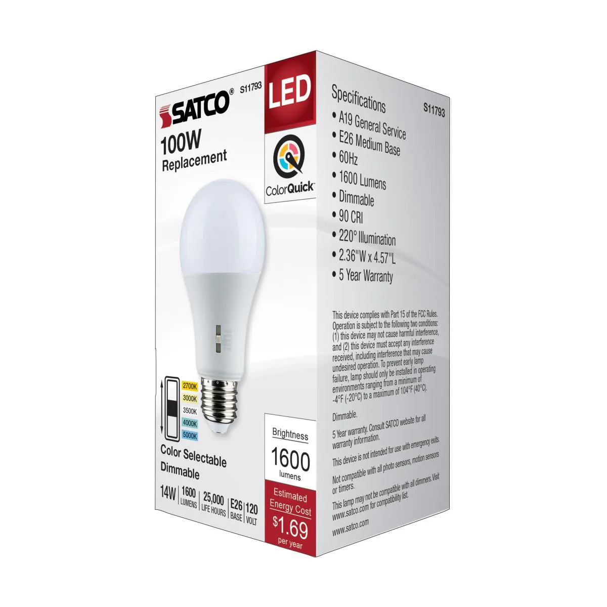 Dimmable A19 LED Bulb, 14 Watts, 1600 Lumens, Selectable 30K|40K|50K, 100W Equal, E26 Medium