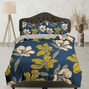 Easter lily floral blue duvet cover colorful bedding, teen girl bedroom, baby girl crib bedding boho maximalist bedspread aesthetic bedding