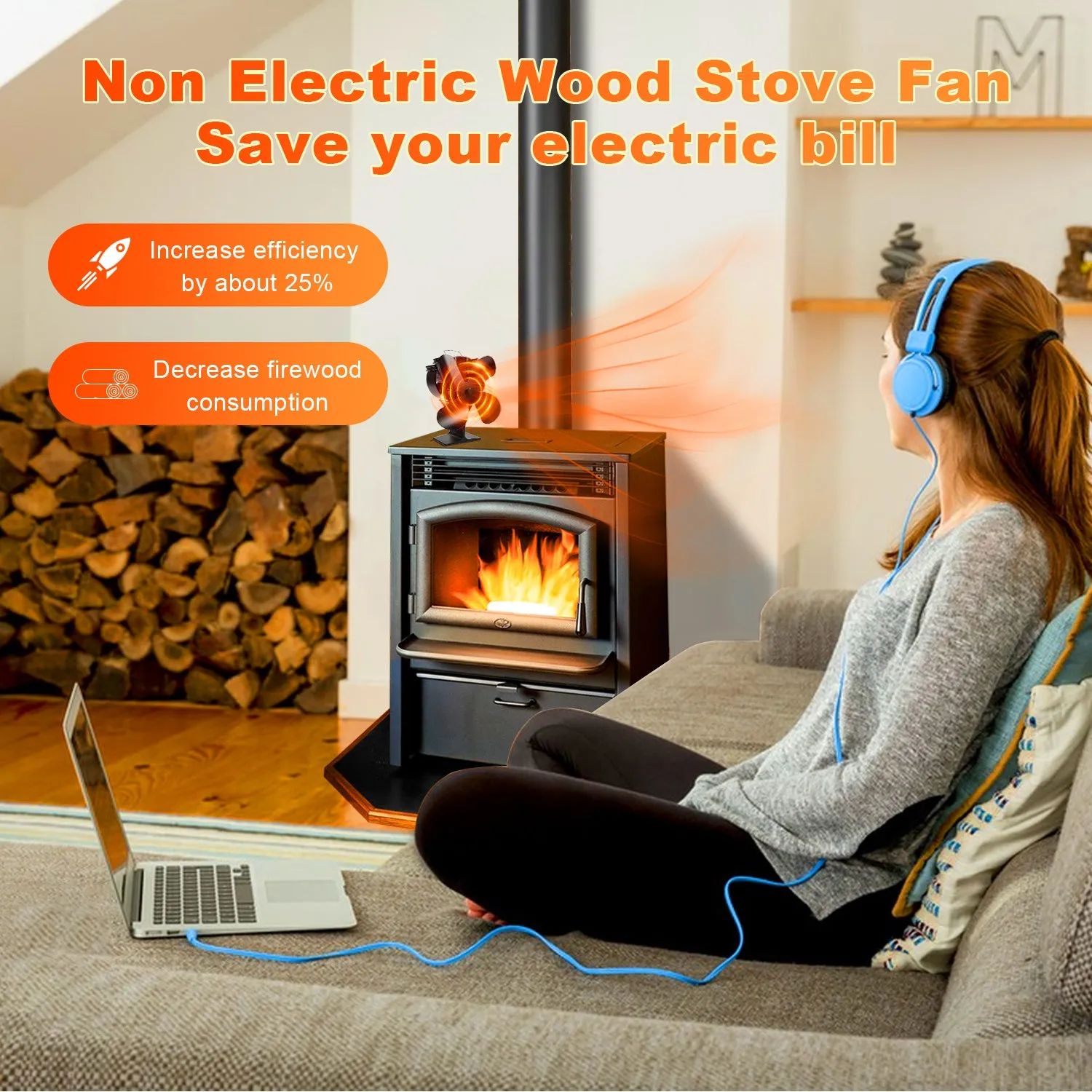 Efficient Air Flow wood Burning VODA Stove Fan with Magnetic Thermometer