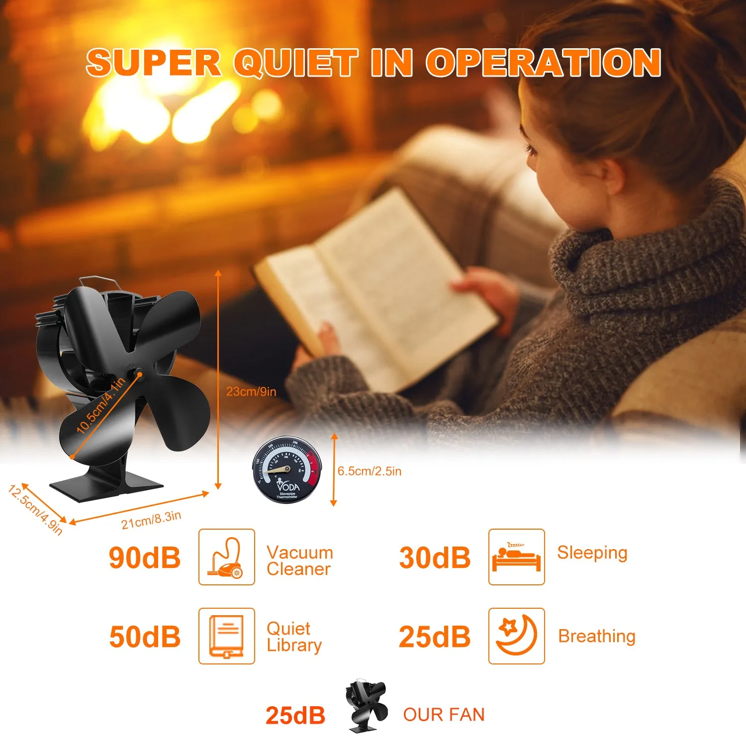 Efficient Air Flow wood Burning VODA Stove Fan with Magnetic Thermometer