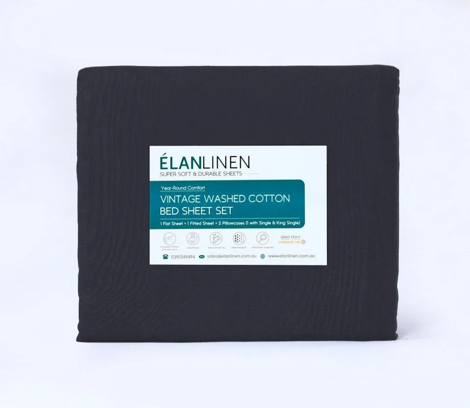 Elan Linen 100% Egyptian Cotton Vintage Washed 500TC Charcoal King Bed Sheets Set