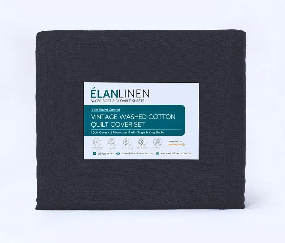 Elan Linen 100% Egyptian Cotton Vintage Washed 500TC Charcoal King Bed Sheets Set