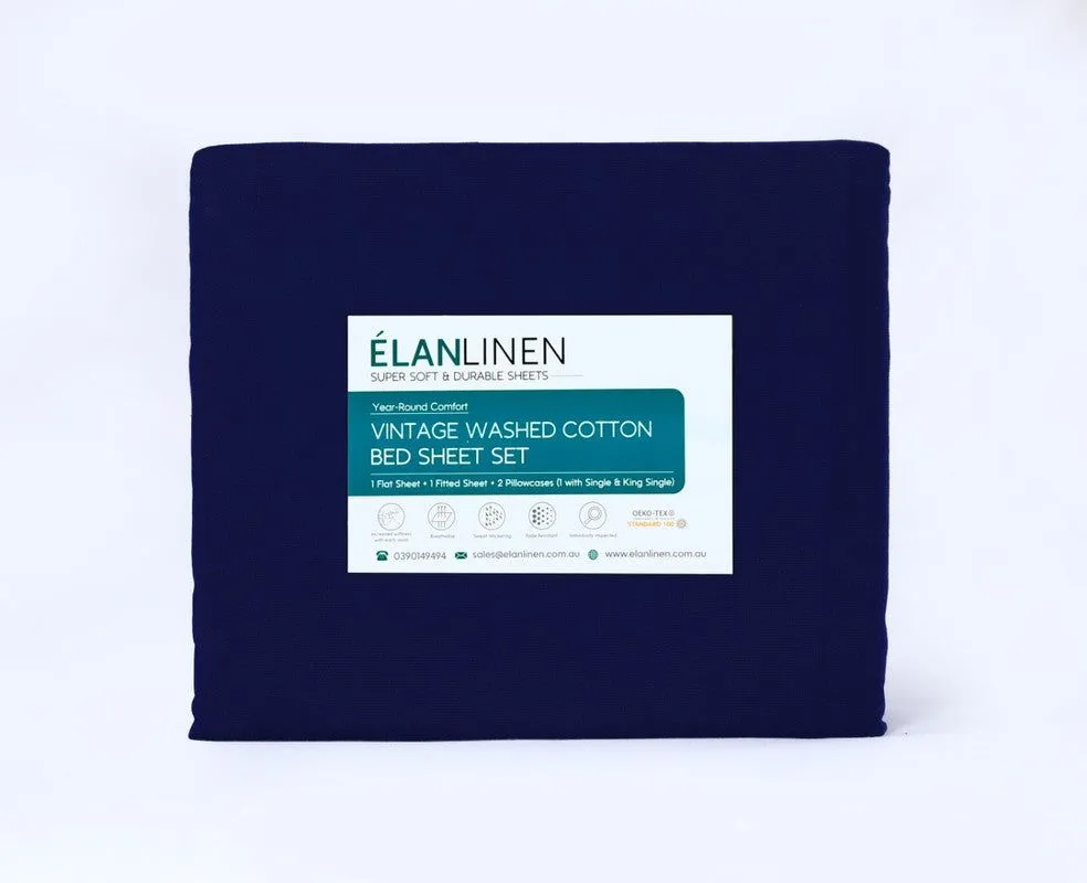 Elan Linen 100% Egyptian Cotton Vintage Washed 500TC Navy Blue Queen Bed Sheets Set