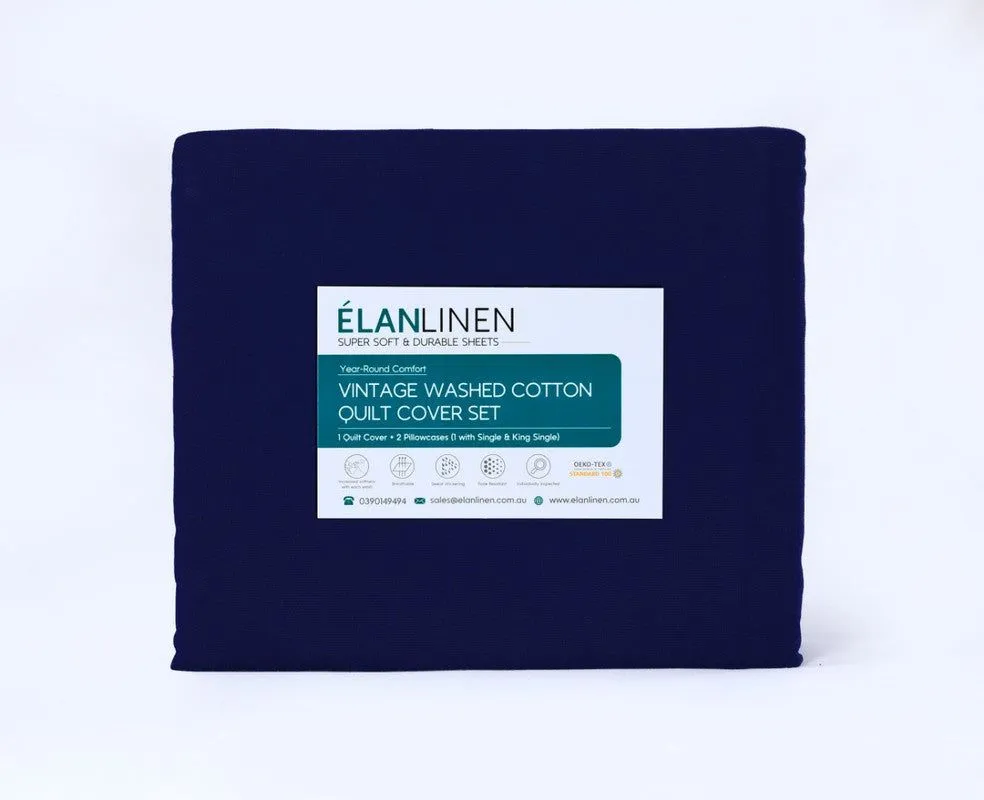 Elan Linen 100% Egyptian Cotton Vintage Washed 500TC Navy Blue Queen Bed Sheets Set