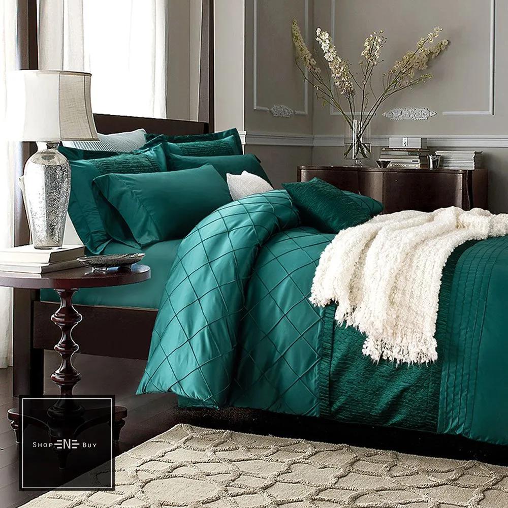 Embellish Pleated Bridal Quilt Set Teal- 12 Pieces Set with Free Quilt Filling