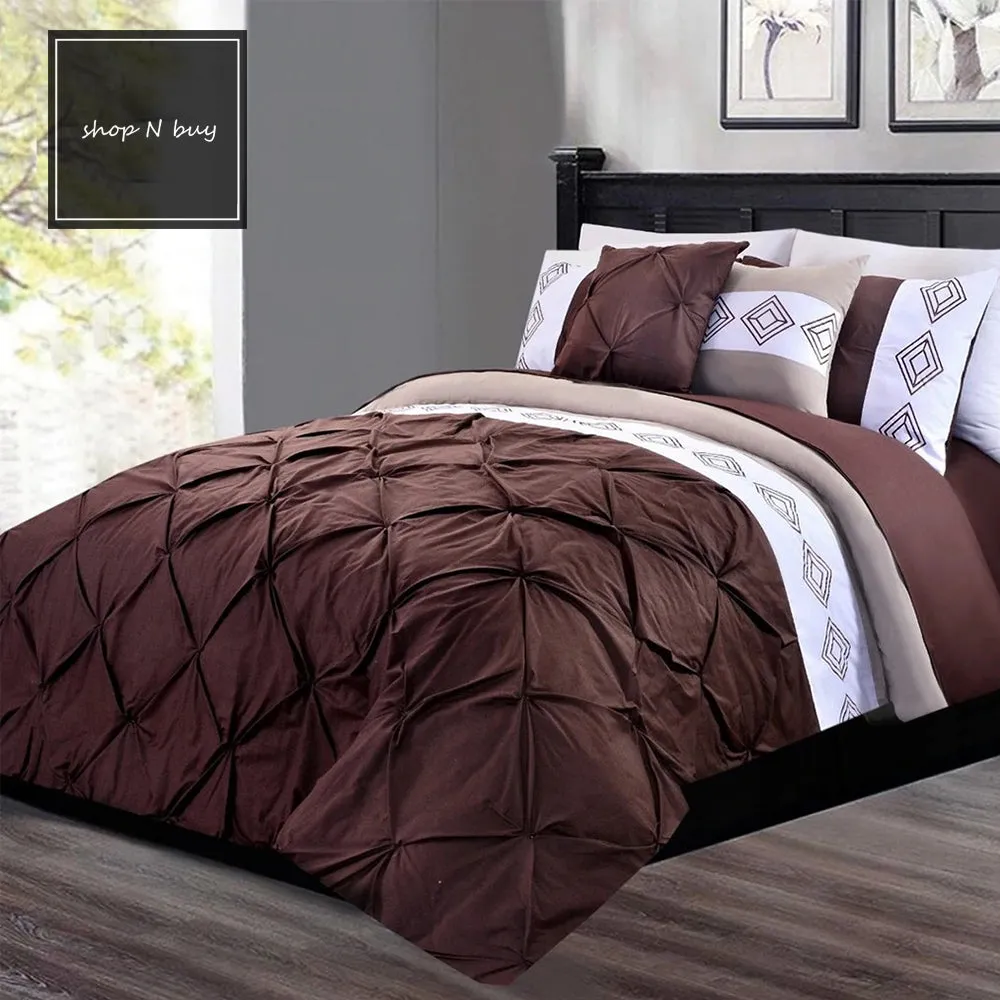 Embroidered Pintuck Duvet 8 Pieces - Brown