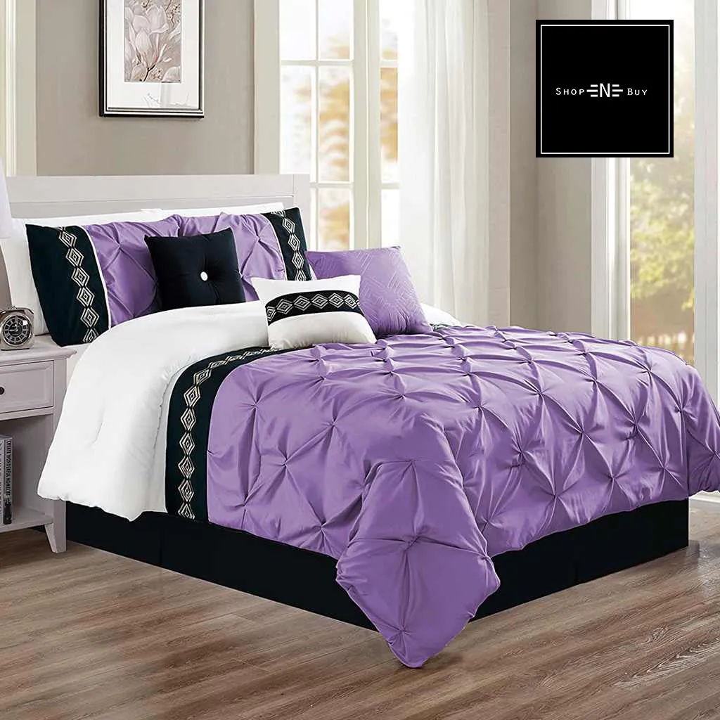 Embroidered Pintuck Duvet 8 Pieces - Light Purple & Black