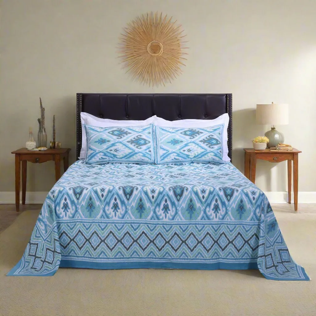 Falah Vintage Ikkat New Turquoise Cotton Bedsheet