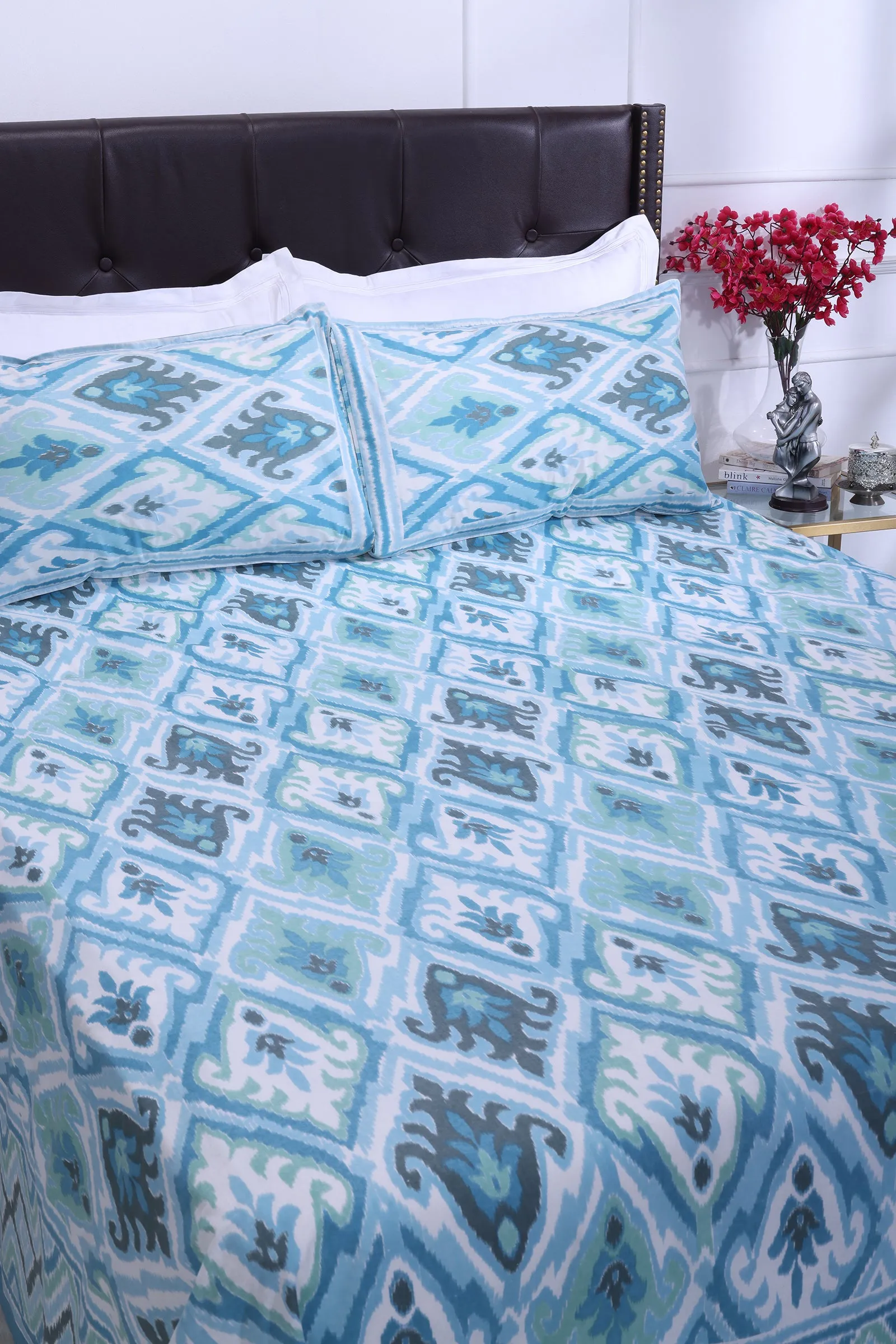 Falah Vintage Ikkat New Turquoise Cotton Bedsheet