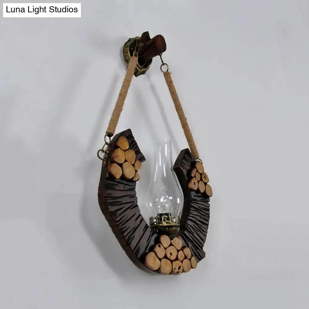 Farmhouse Brown Vase Sconce Lamp with Curved Wood Design and Clear Glass Wall Mount